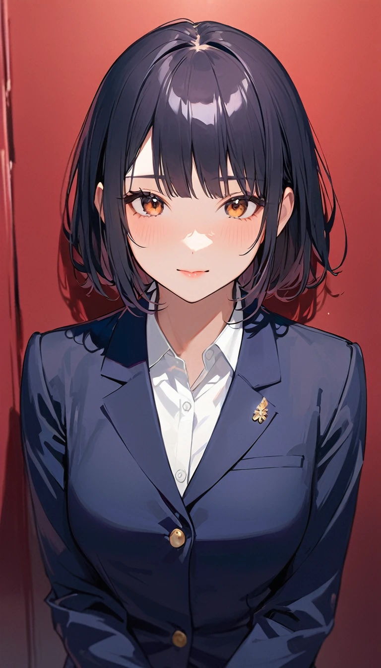 A high school girl with black short bob hair, wearing a navy blazer ,驚く,ハッと気づく
