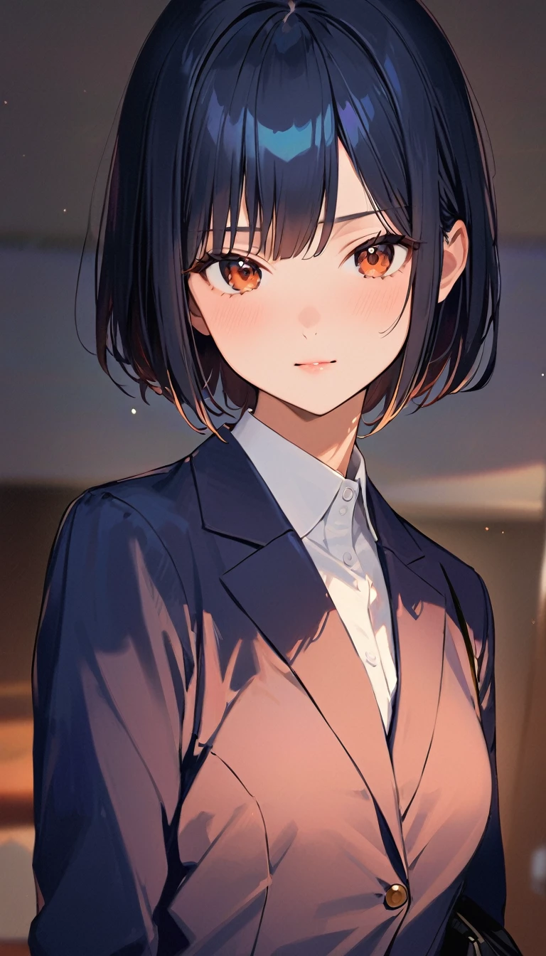 A high school girl with black short bob hair, wearing a navy blazer ,驚く,ハッと気づく