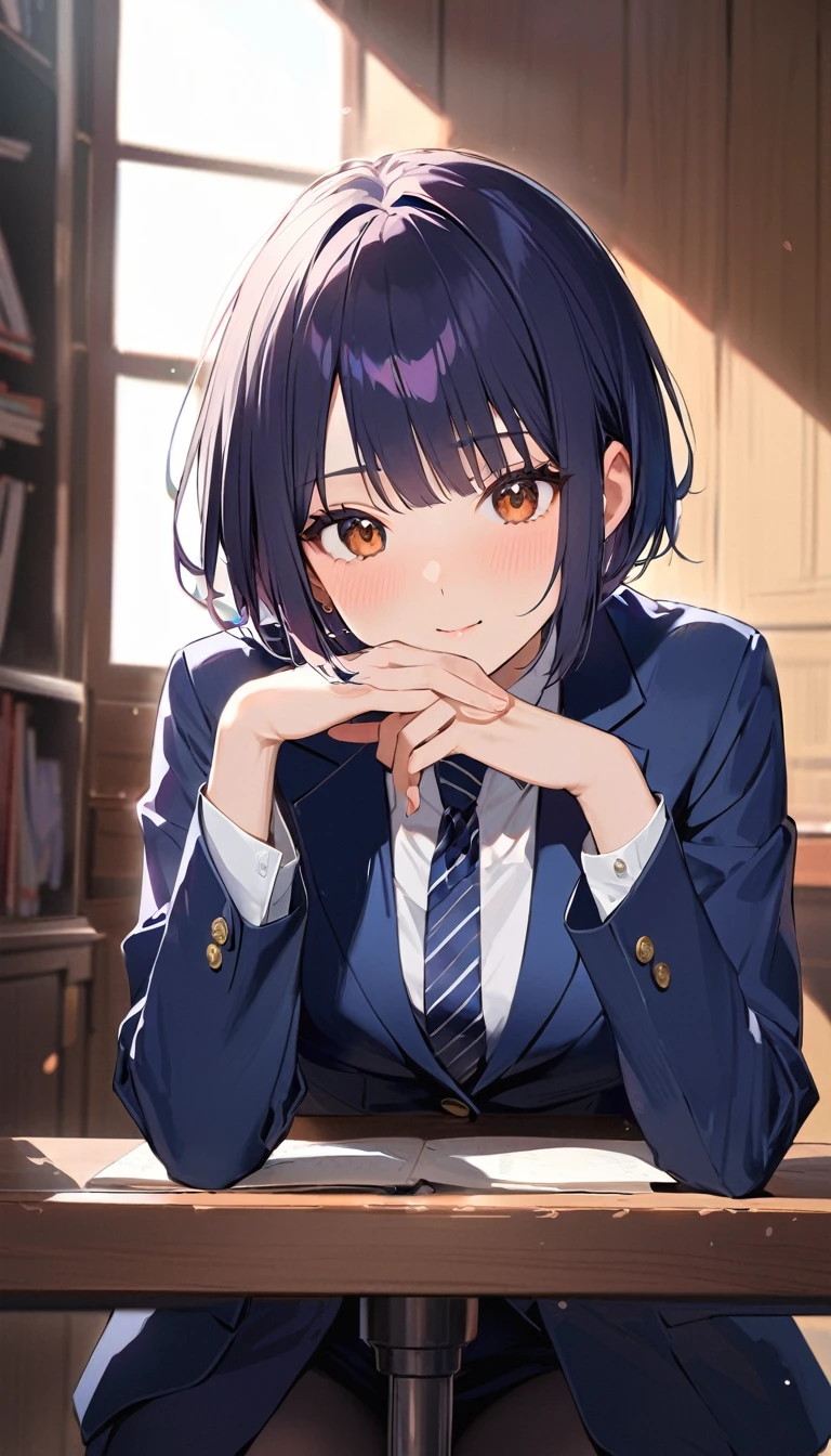 A high school girl with black short bob hair, wearing a navy blazer ,驚く,ハッと気づく