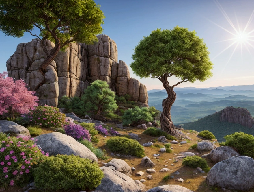 ancient landscape with epic high detail big rock ,mountain, green bush and colorful tree and flower, rocky gravel