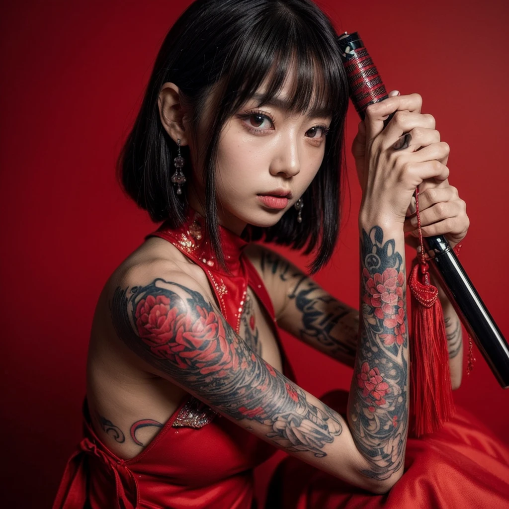 ((masterpiece))),(((best quality))),((super detailed)),((extremely delicate and beautiful)),(wide shot, wide-angle lens,Panoramic:1.2),super wide Angle,Low Angle shooting,super wide lens, xuer ai yazawa style girl,1girl,solo,tattoo,red background,red eye