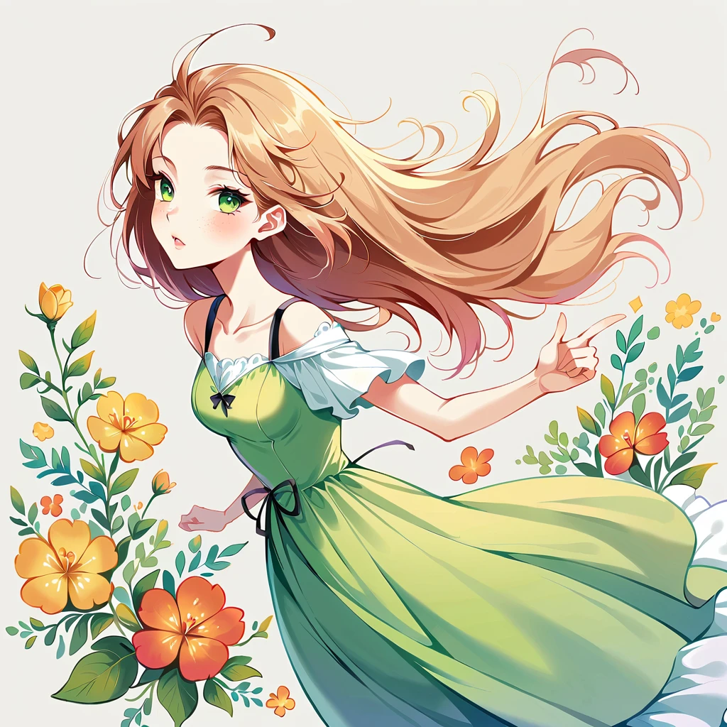 Mai Yoneyama style, Standing in front of a high wall,Simple Line Initialism,Abstract art,jungle Background, (((The most beautiful Irish girl with auburn wavy hair and Freckles on face ) with traditional green Irish dress)), colorful flowers, Lips in Love