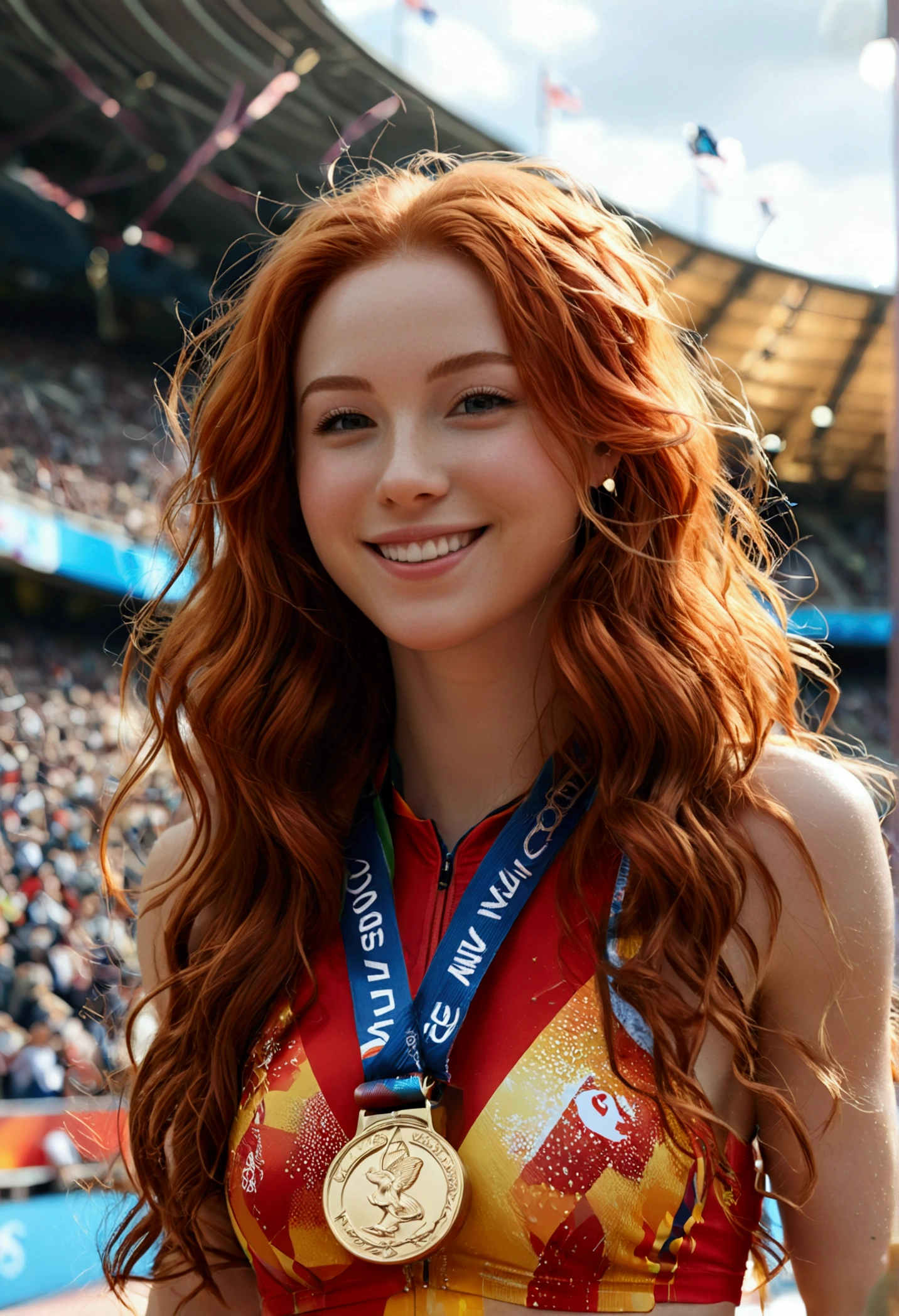 ultra realistic, photography, long red hair, girl, 24 years old, hourglass figure, perfect body, Flirty look, natural breasts, blur background, in a crowded olympic stadium, being an olympic ice akater, wearing a gold medal, smiling, full body, (full body) (wide shot)