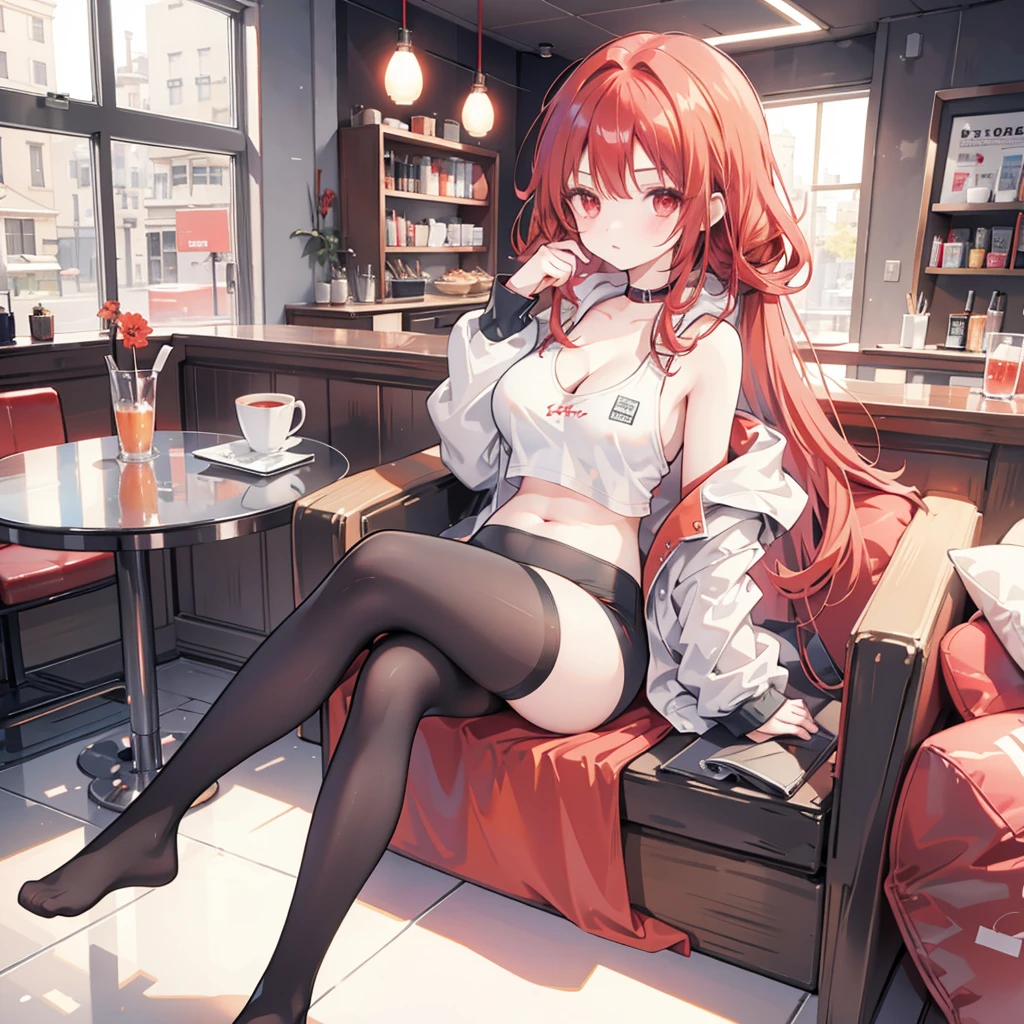 1 girl, Red hair, Coiled hairstyle, Wisps of hair on the face, Red Eyes, mascara, Oversized Hoodie, diaphragm, Hot Pants, Tights, laced Tights, sit, cafes, feet in Tights,Large Breasts, 8k, masterpiece,cleavage,Showing belly,Show your shoulders