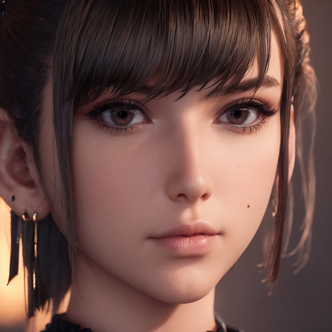 woman is posing looking at the camera, for a photography portrait, photo session in a studio with lighting with red and water green gels, the woman is in a frontal pose,Brown eyes, Eve, Short bob haircut, Stellar blade, Fringe hair, Ponytail hair, unreal engine skin:0.3, hyper-realistic eye details, well-focused photography, 8k uhd, vivid colors,