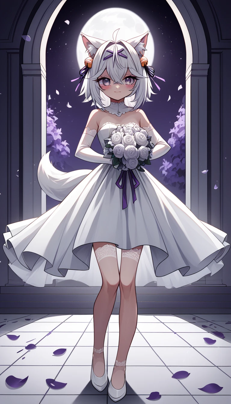 UHD, masterpiece, best quality, ((night)), moon, moonlight, soft light, church, 1girl, solo, Filian, fox tail, small cat ears, white hair, short hair, ahoge, hairclip, hair bell, waist length pony tail, deep violet eyes, blush, happy smile, a-line wedding dress, white veil, white lace arm sleeves, white gloves, white lace stockings, white high heals, slim arms, slim legs, Eye-Level Shot, holding bridal bouquet with purple ribbon, ((hidden hand)), front view, full body pose, cross legs, innocent pose, scattered flower petals, ((petals falling)