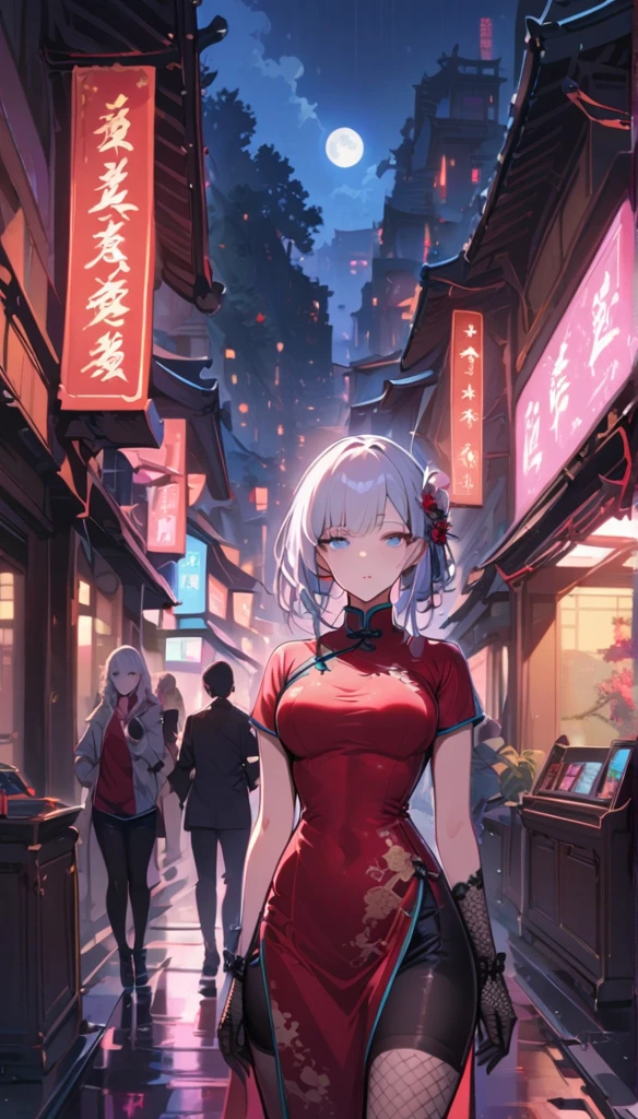 masterpiece, the best, night, Full Moon, 1 adult female, Chinese Architecture, cheongsam, Chinese Clothing, Royal sisters, Cold Face, poker face, Woman with long silver hair, Light pink lips, Fishnet stockings, calm, Know-it-all, Triple hit, Lace gloves, blue eyes, Street View, Facial details,