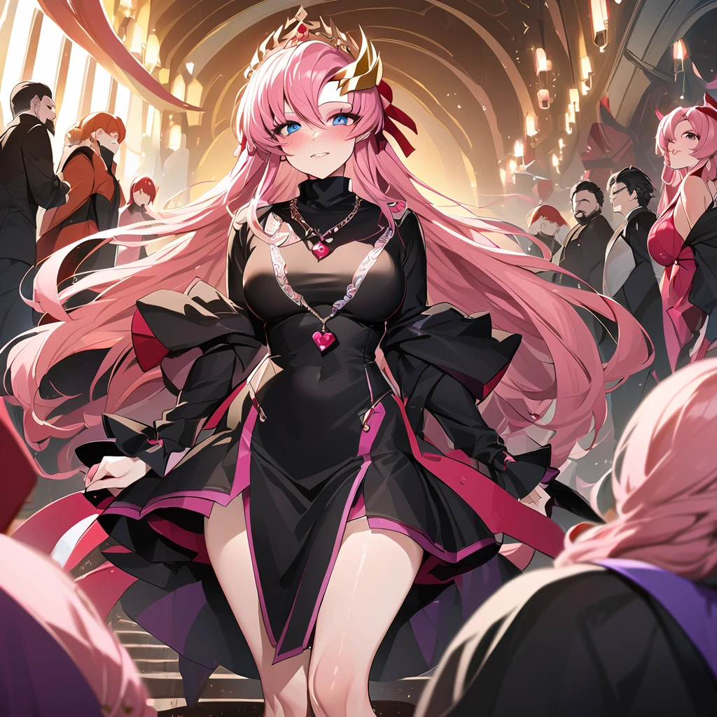 ((Highest quality)), ((masterpiece)), (detailed), (Perfect Face)、The woman is Lacus Clyne, a shrine maiden of an evil god and the wife of the leader of the evil god cult of the Saintess of Darkness. She has blue eyes, medium-long pink hair, a hair ornament, a shrine maiden outfit of an evil god, a necklace with a devil symbol, other evil accessories, a gorgeous head chain tiara, and an engagement ring.、The woman is the wife of a middle-aged, bearded cult leader who is revered by a mysterious cult of evil gods.、He is standing at the altar of the Evil God Cult with a mysterious cult leader dressed in luxurious cult leader clothing.