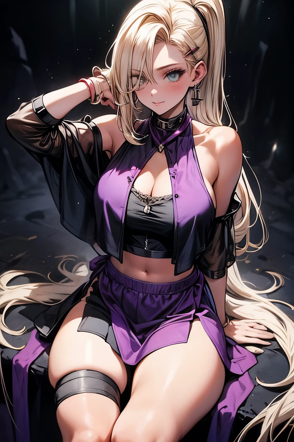 Off shoulder sowing her large cleavage and exposed thighs, light green eyes,her long platinum blonde hair grew back to hip-length ponytail with her bangs became thicker, hiding most of her right eye, wear a purple outfit consisting of a high-collared blouse and matching apron skirt which expose her thighs, while exposing her midriff and wears mesh armour on her thighs, elbows and knees, studs, sports a red hair clip on her left temple