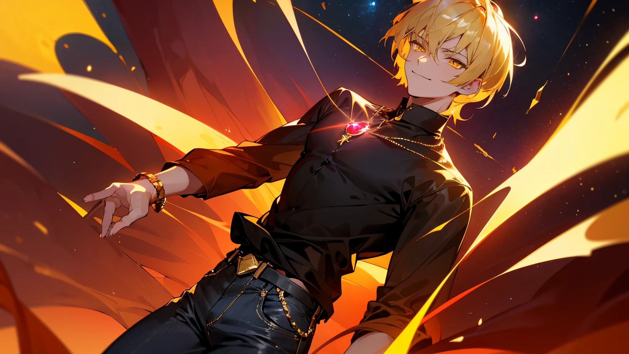 blonde hair, gold eyes, beautiful male, yellow eyes, start sky, 8k resolution, sky, galaxy, young male, serious face, short hair, black shirt, cowboy shot, glowing red gem necklace, black shirt, jean pants, smile, red gem bracelet, red gem on chest
