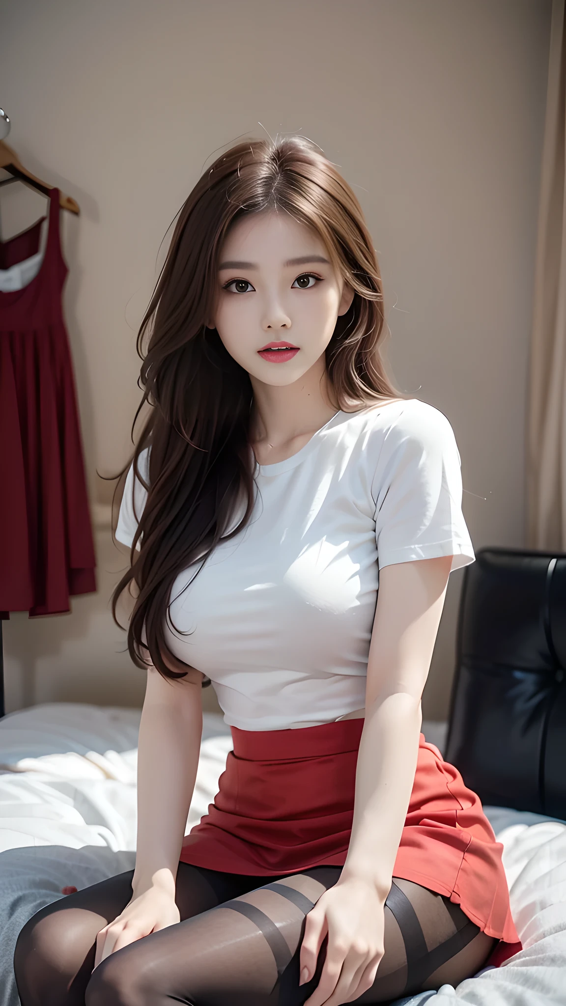 ulzzang-6500-v1.1, (RAW Photos:1.2), (Photorealistic), (Genuine:1.4), 1girl、Perfect Anatomy、20 years old、Looking at the camera、Medium Long Hair、T-shirt, red skirt, (( in the bedroom :1.1))、(Ultra-realistic pantyhose:1.3), (Business services)、Asian Eyes Ella,