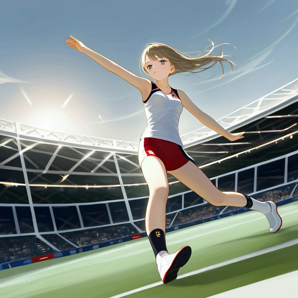 masterpiece, best quality, source anime, official art, 8k, ultra-detailed,very aesthetic, absurdres, perfect anatomy, dramatic angle, Women's high jump, Olympic, outdoor, stadium, cinematic lighting, newest, Perfect Hands