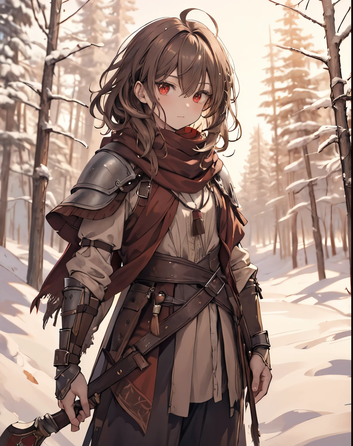 masterpiece, 1men, sparrow, a brown haired men, wearing a medieval villager clothes, curly medium hair, messy hair, slim body, wearing villager clothes, he close her left eye, serious expression, red eyes, stand at snowy forest, ahoge, shawl, full armor, bring big shield in his back, beautiful eyes, cute face