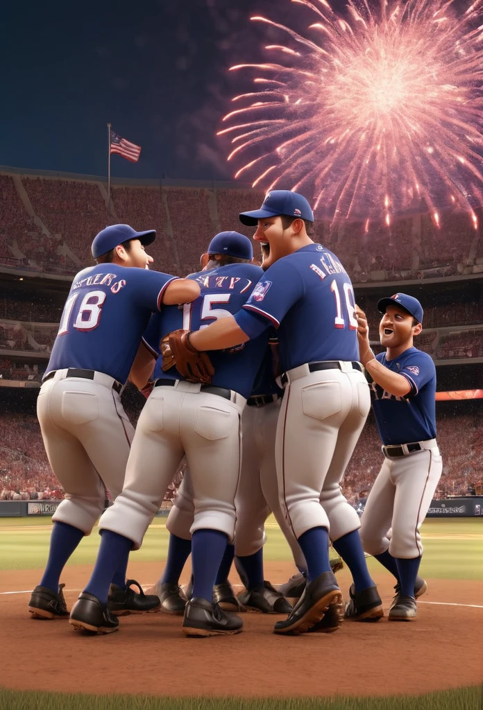 a group of texas rangers baseball players celebrating their world series victory on the field, with fireworks in the background, in a 3D pixar animated cartoon style, highly detailed, ultra-realistic, photorealistic, dynamic action pose, vibrant colors, cinematic lighting, intricate details