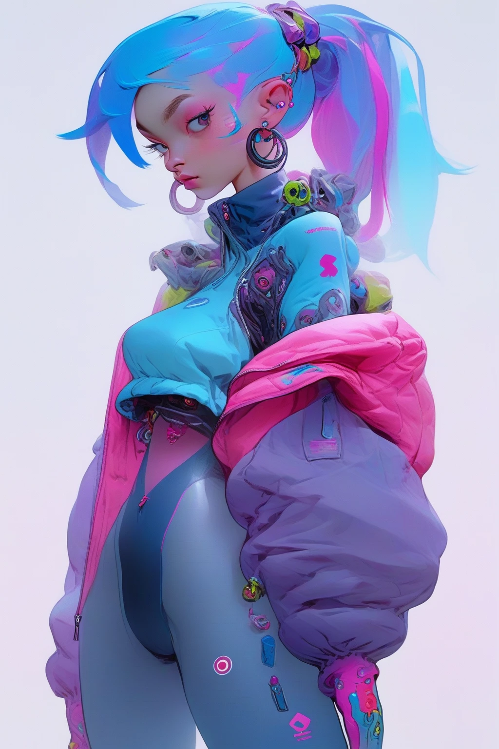 1girl, solo, pink hair, ponytail, pink eyes, jacket, long hair, multicolored hair, bodysuit, blue hair, looking at viewer, pink jacket, gloves, fingerless gloves, hair ornament, earrings, cyberpunk, jewelry, white background, simple background, standing, science fiction, masterpiece, best quality,