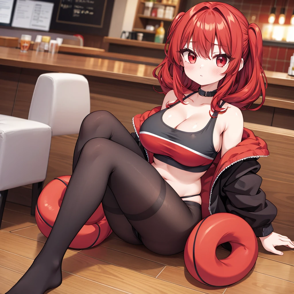 Red hair ponytail、Yellow Eyes、High school girls、Wet and see-through tank top、Gym、Big Breasts、Grin、Sweat:1.5