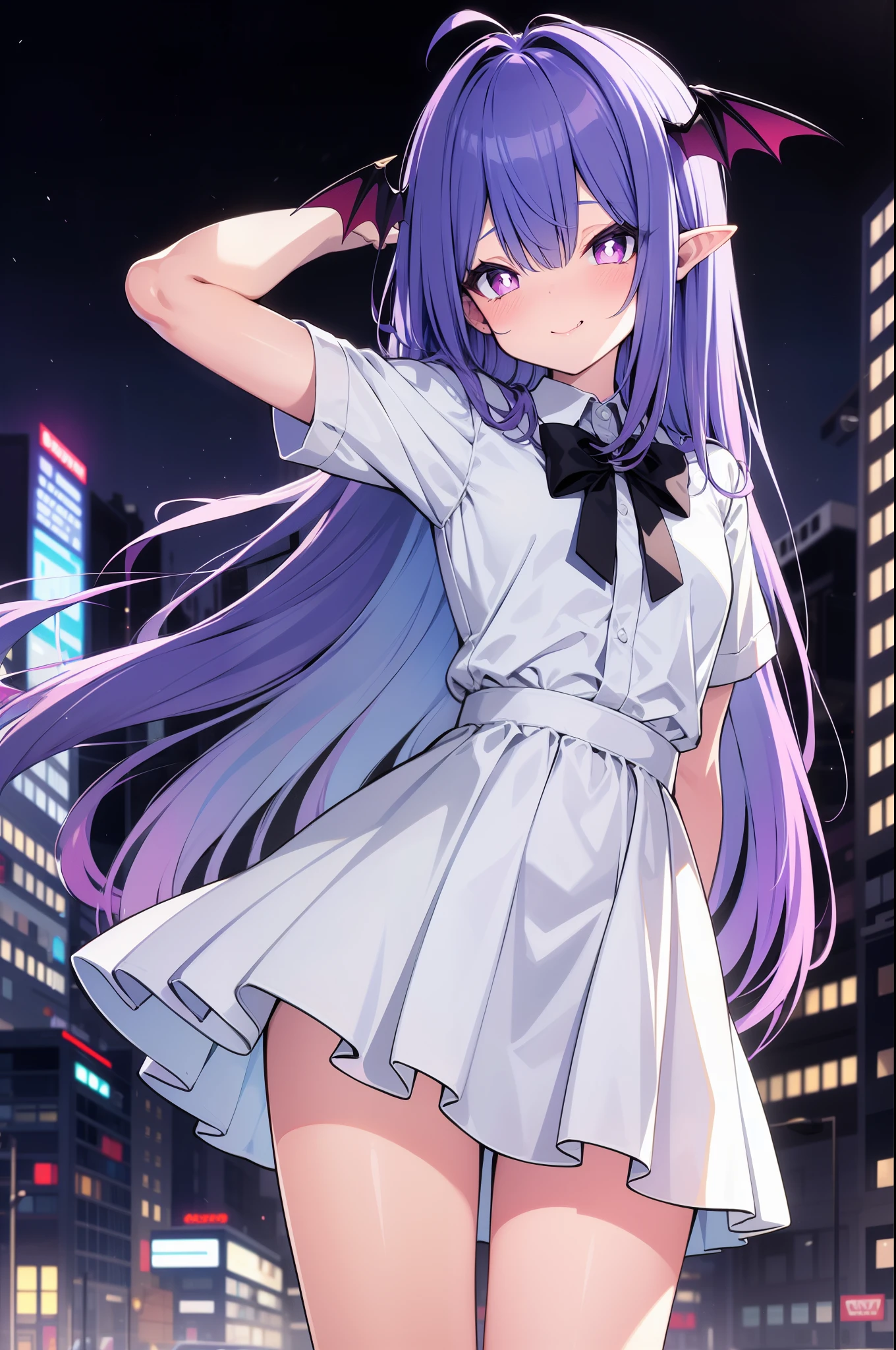 (cowboy shot), (best quality, ultra-high resolution, depth of field:1.2), 1woman, succubus, long flowing hair, (blue and purple hair gradient:1.1), ((small black bat wings on the head)), pink eyes, white pupils, pointy ears, small breasts, (intricate white blouse), pink bow tied at collar, long skirt, (blushing), (gentle smile), arms behind back, tilting head, night cityscape background, (city lights:1.1), (mischievous appearance:1.2)