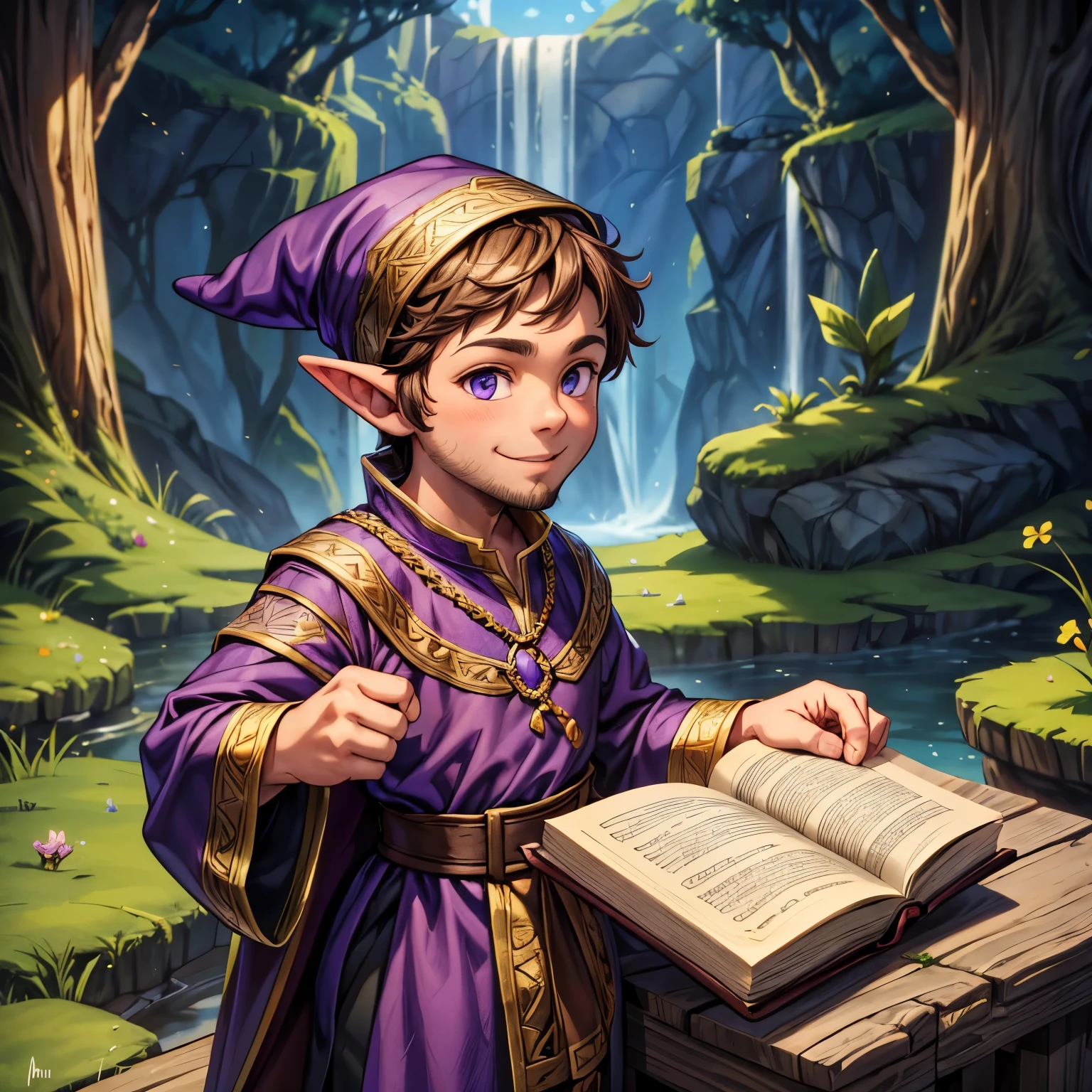 Alvyn is a short, young gnome with pointy ears..., thick nose, messy brown hair, with a small growing beard. His gaze exudes curiosity and a material ambition that is reinforced by a small mischievous smile..., He wears a purple tunic with gold embroidery. purple clothes , gnome wizard classic, On his head he wears a black pointed hat.... In his hand he holds a sturdy book with his magical knowledge.., The gnomes don't'Don't take magic lightly..