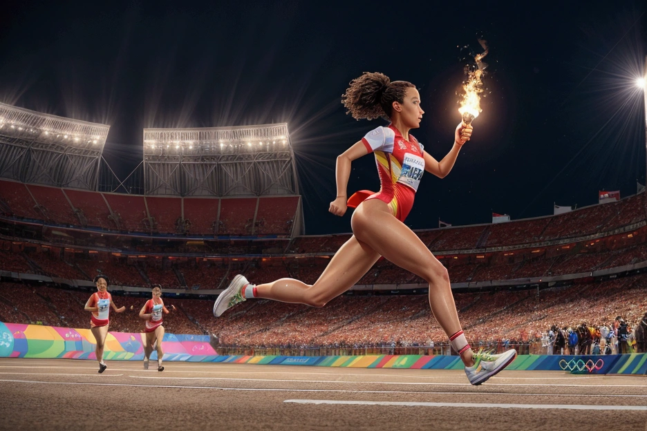This photo was taken at the entrance of the torch at the modern Olympics.,
The brightly lit Olympic Stadium,(A torch runner running alone),
Olympic information is displayed on the vision screen,
(Torch relay runners in close-up),