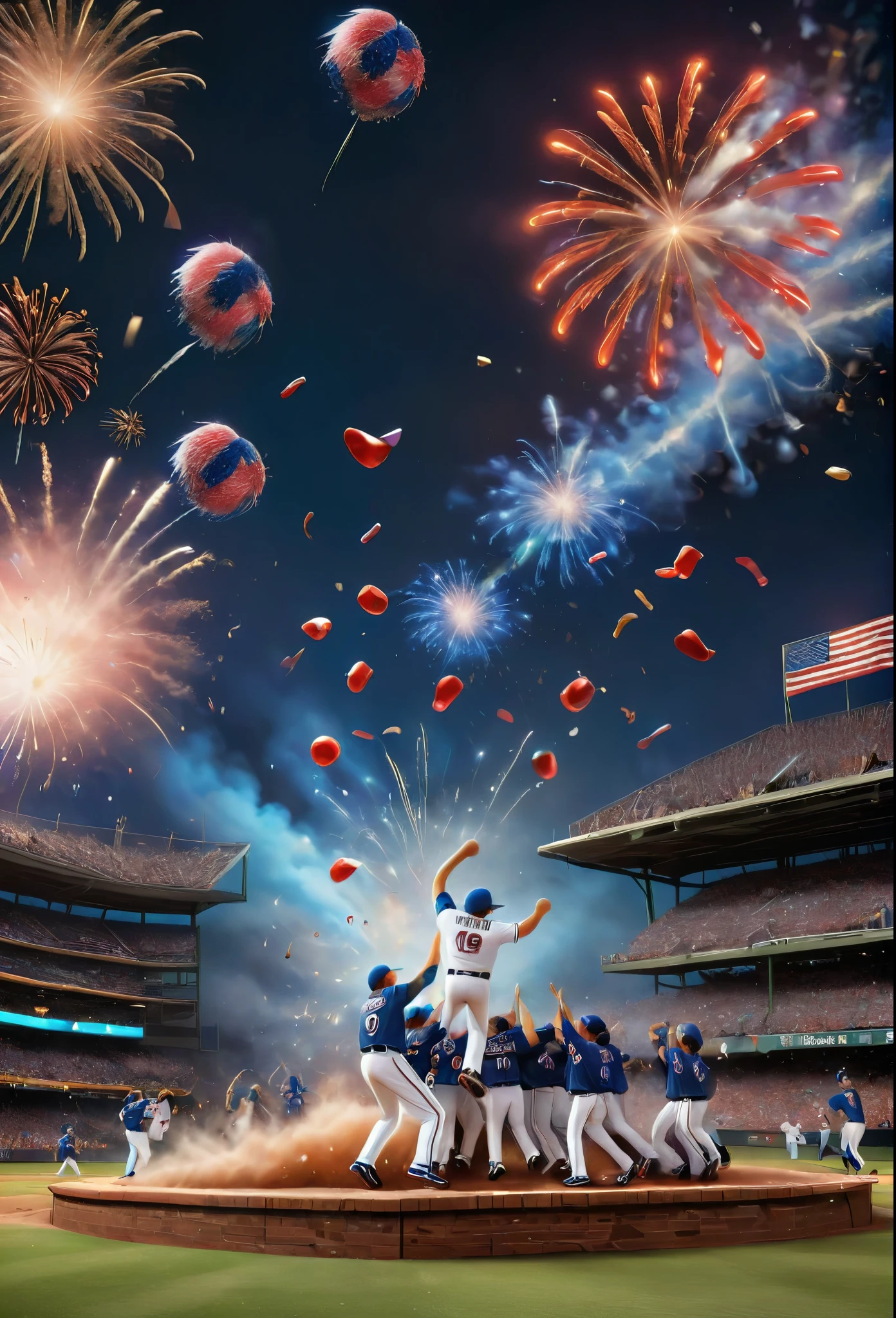 a 3D Pixar-style illustration of the Texas Rangers baseball team celebrating their World Series victory on the field, with fireworks in the sky, hyperrealistic, highly detailed, cinematic lighting, dynamic composition, vibrant colors, celebratory atmosphere, players jumping and cheering, confetti raining down, fans in the stands, energy and excitement