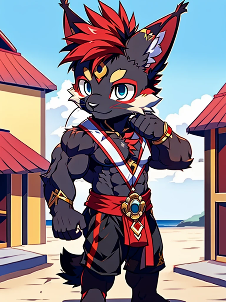 Best quality, Young, Chibi, 15 year old, Furry, Solo, Male black lynx cat: 1.5, (black fur), (black fur), black fur, blue eyes, red chest hair, black long hair, black mane, red hair, red armpit hair, red whiskers, Humanoid hands, Muscular body, Strong Abs, Strong Chest, Strong Biceps, Wearing Red Muay Thai Style Clothes, Topless, Chibi, Standing in the street of Thailand, Red Mohawk hair, Detailed black fur, Detailed cloths, Thailand.