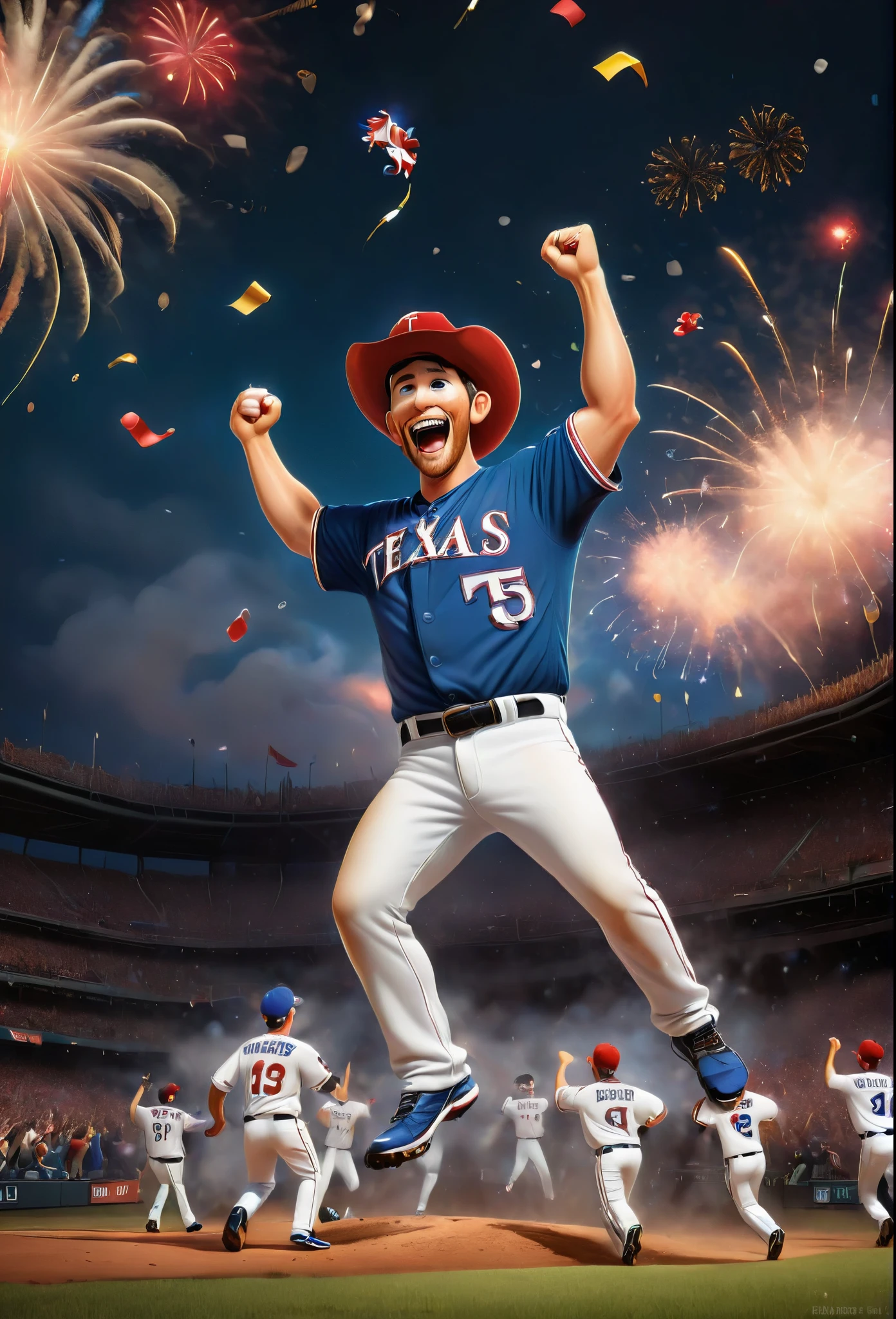 a 3D Pixar-style illustration of the Texas Rangers baseball team celebrating their World Series victory on the field, with fireworks in the sky, hyperrealistic, highly detailed, cinematic lighting, dynamic composition, vibrant colors, celebratory atmosphere, players jumping and cheering, confetti raining down, fans in the stands, energy and excitement