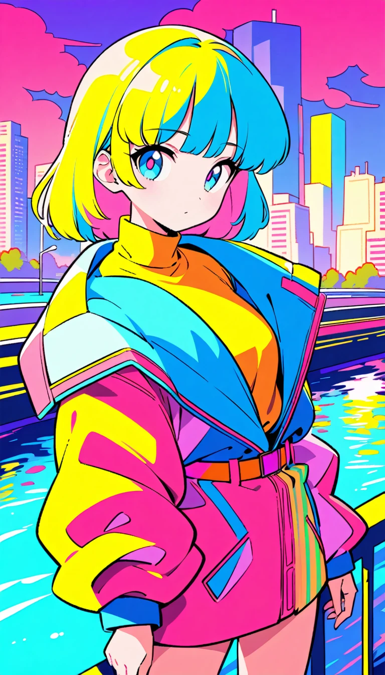 masterpiece, Highest quality, Beautiful attention to detail, Very detailed, In detail, High resolution, Perfect Anatomy, colorful, pastel colour, One Girl, alone, (City pop illustrations), (City Pop Art), Simple Background, Retro Style, (Vaporwave City Pop), (1980s City Pop), (City Pop Anime), (river, bridge), Retro Style, 1980s Fashion, Cowboy Shot,
