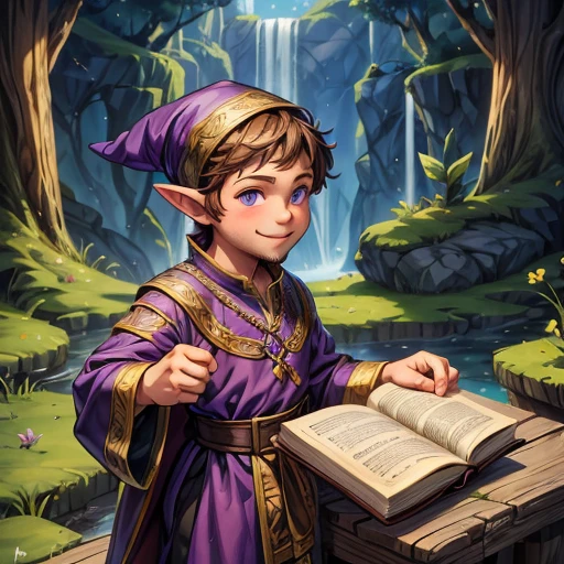 Alvyn is a short, young gnome with pointy ears..., thick nose,  messy brown hair, with a small growing beard. His gaze exudes curiosity and a material ambition that is reinforced by a small mischievous smile..., He wears a purple tunic with gold embroidery. purple clothes , gnome wizard classic, On his head he wears a black pointed hat.... In his hand he holds a sturdy book with his magical knowledge.., The gnomes don&#39;t&#39;Don&#39;t take magic lightly..