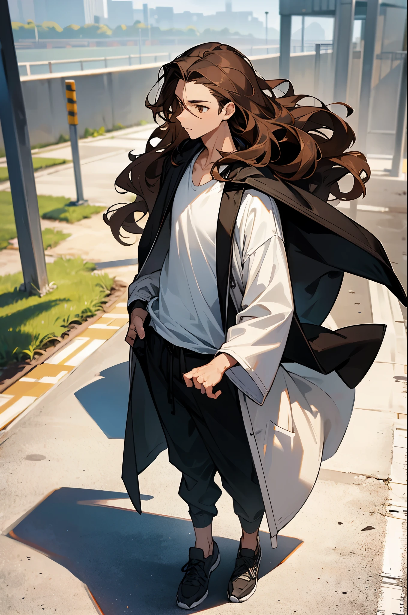 1male, brown hair, hazel eyes, long wavy hair, white tanktop, black overcoat, black baggy joggers, outside background, walking on path, detailed background, hands to side