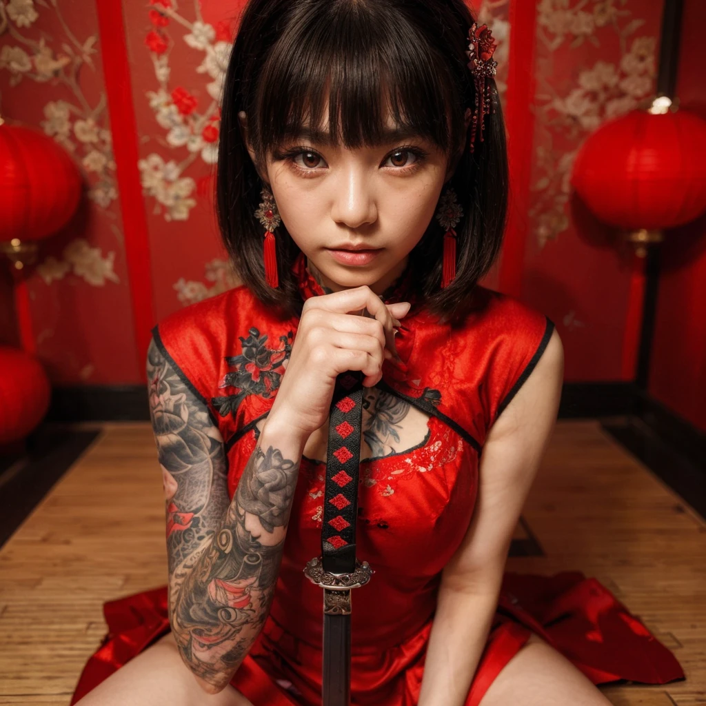 ((masterpiece))),(((best quality))),((super detailed)),((extremely delicate and beautiful)),(wide shot, wide-angle lens,Panoramic:1.2),super wide Angle,Low Angle shooting,super wide lens, xuer ai yazawa style girl,1girl,solo,tattoo,red background,red eye