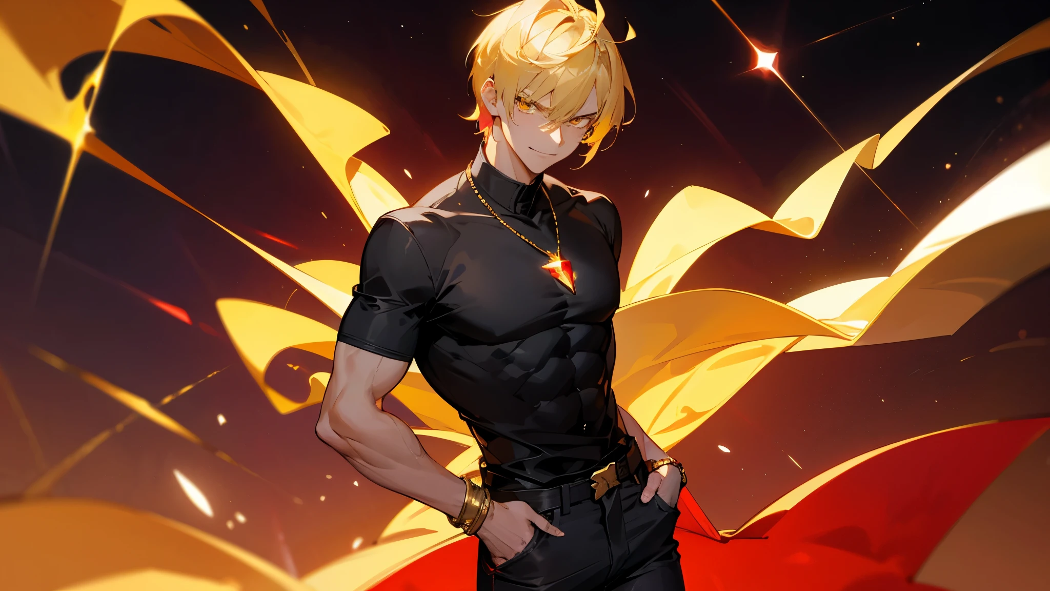 blonde hair, gold eyes, beautiful male, yellow eyes, start sky, 8k resolution, sky, galaxy, young male, serious face, short hair, black shirt, cowboy shot, glowing red gem necklace, black shirt, jean pants, smile, red gem bracelet, red gem on chest, mature, lean build, arms in pockets, muscular