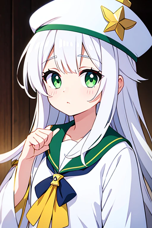 White cap with gold decoration、Long white hair、Green Eyes、Sailor'White uniform