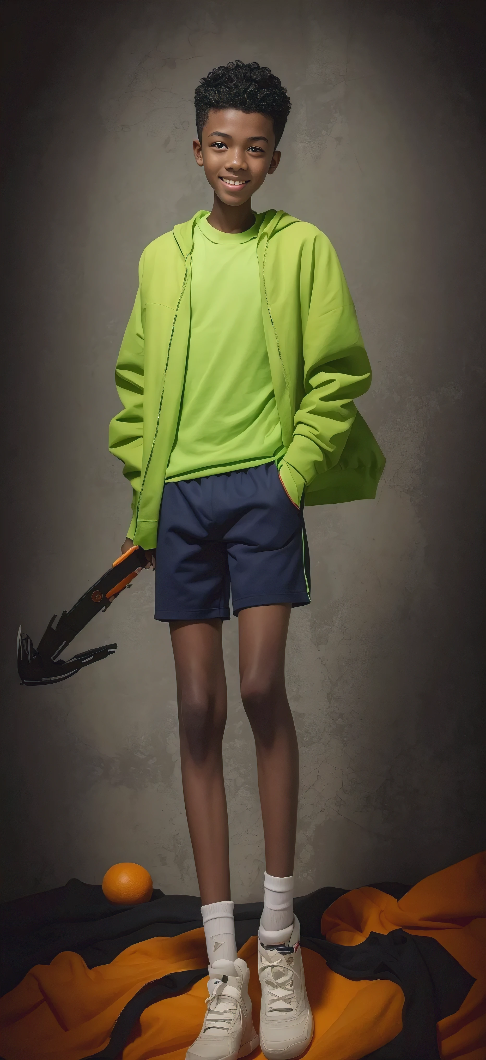 14 year old boy,(Wearing a fluorescent green jacket,Orange T-shirt underwear,Wearing black socks),Dark skin,Big round eyes,Very short hair,Tall and skinny,Toothy Smile,Sharpen details,Knee muscle lines,Ocean blue background,,Highest quality,HD Wallpapers