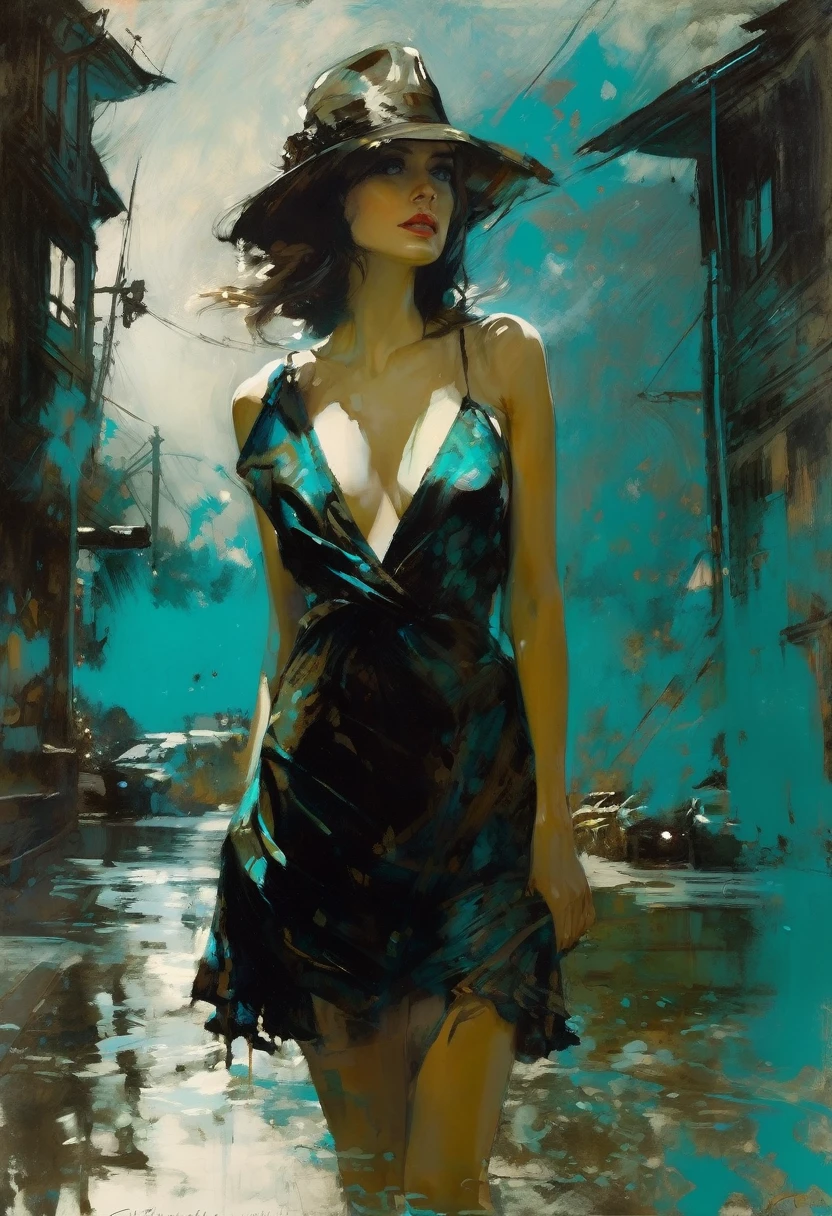 the darkest and longest night of the year. Full length view. Ghost, porcelain face, big turquoise eyes, perfect eyes, top quality style by Ralph Blakelock, Ed Emshwiller, Marianne Wroten, Arthur Rackham, Niko Anttila. Beautiful cinematic impressionistic painting in the style of Jeremy Mann and Charles Dana Gibson, Mark Demsteader, Paul Hedley + concept art, Spring, Very beautiful, gouache, cinematic, calligraphic. lines. Dark, creepy, mysterious, modern vintage, rich deep colors, boho style, beautiful patterns, fashion style illustrations. hyperrealistic photography, --niji 5 --ar 2:3 --expressive style --v 5, cleavage, short skirt, sexy, thigh