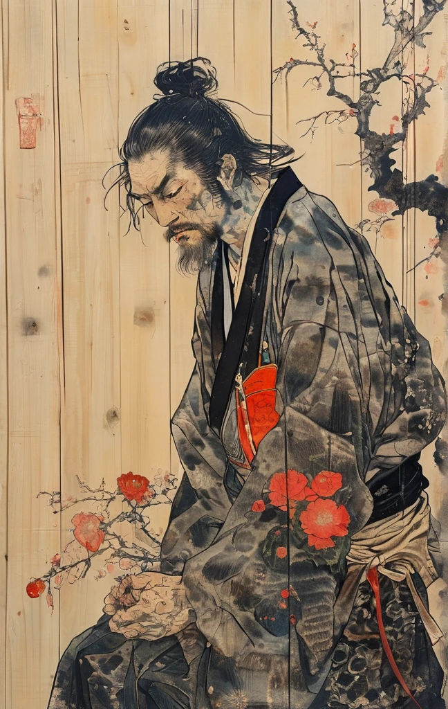 Japanese line drawing , A samurai( Tied to a wooden steak、There are many arrows stuck in it,:1.2) The skeletal structure of the lower body cannot be seen , Torn rag, Rope and bloody ground, Black sky and big moon , Floral Damask Background , Takato Yamamoto style ,