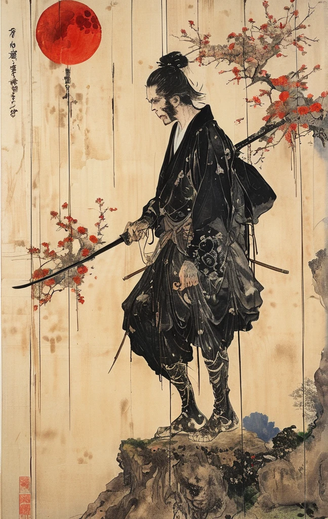 Japanese line drawing    , A samurai( Tied to a wooden steak、There are many arrows stuck in it,:1.2) The skeletal structure of the lower body cannot be seen , Torn rag, Rope and bloody ground, Black sky and big moon , Floral Damask Background ,  Takato Yamamoto style    , 