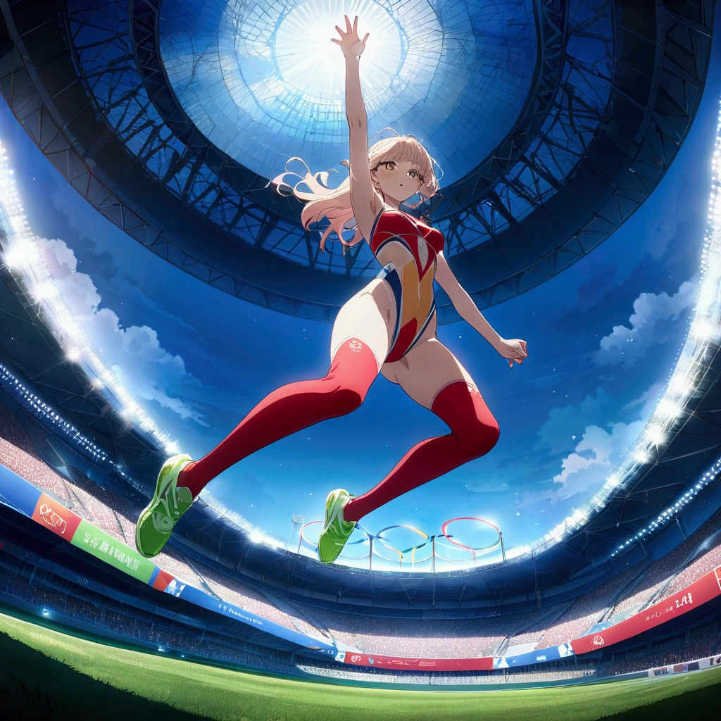 masterpiece, best quality, source anime, official art, 8k, ultra-detailed,very aesthetic, absurdres, perfect anatomy, dramatic angle, Women's high jump, Olympic, outdoor, stadium, cinematic lighting, newest, Perfect Hands