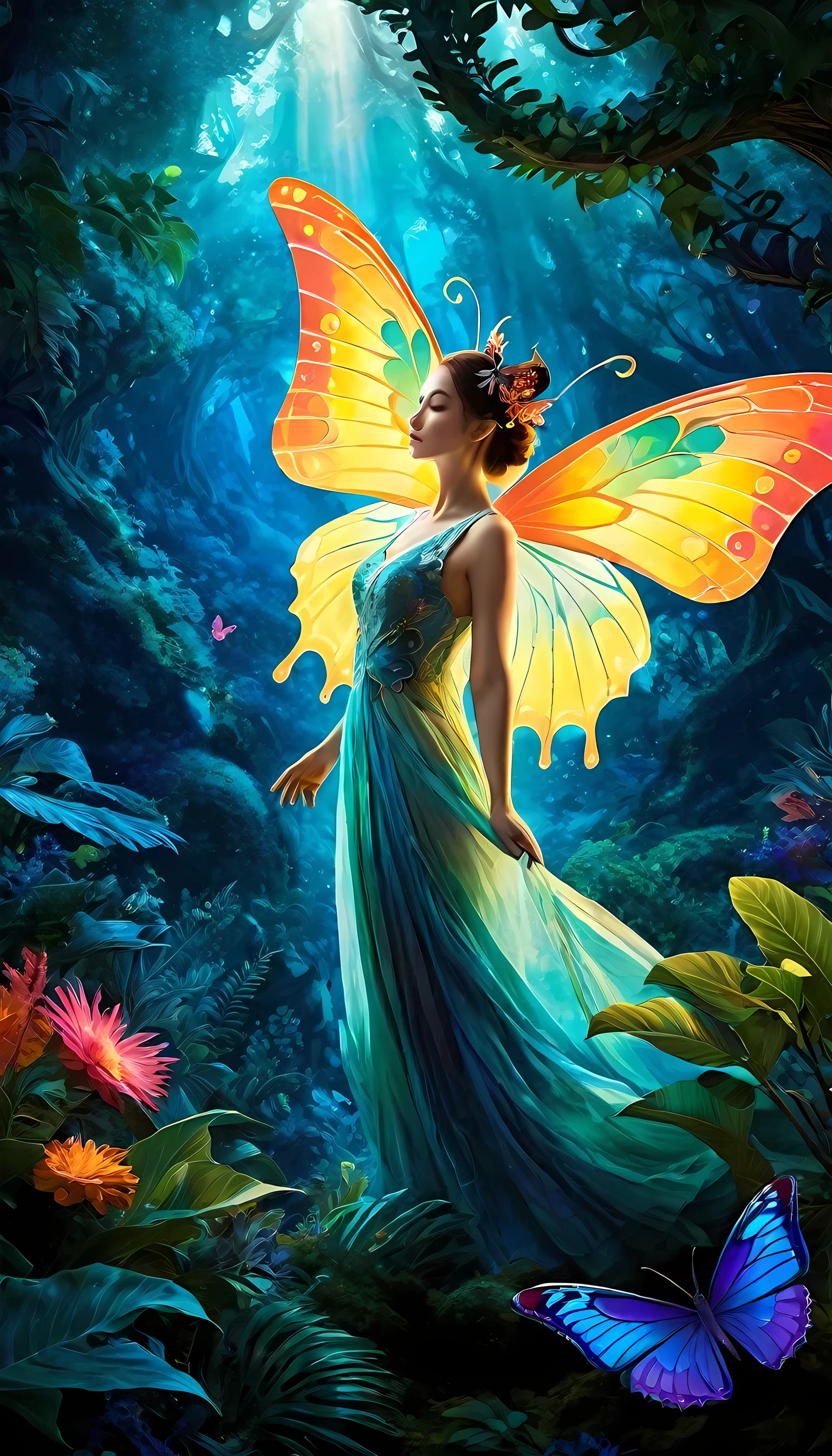 Generate a vivid and intricate illustration resembling the specified image with the prompt "A fantastical scene with a surreal blend of bioluminescent flora and fauna, set against a cosmic backdrop. Envision an otherworldly landscape with a balance of vibrant colors and intricate details. Incorporate a creature resembling a hybrid of a dragon and a butterfly, soaring gracefully amidst ethereal plants. Capture the essence of magic and wonder, with an emphasis on the interplay of light and shadow. Maintain a resolution of 512x696 pixels to ensure clarity and detail. #GAiM550agAAA9CG."