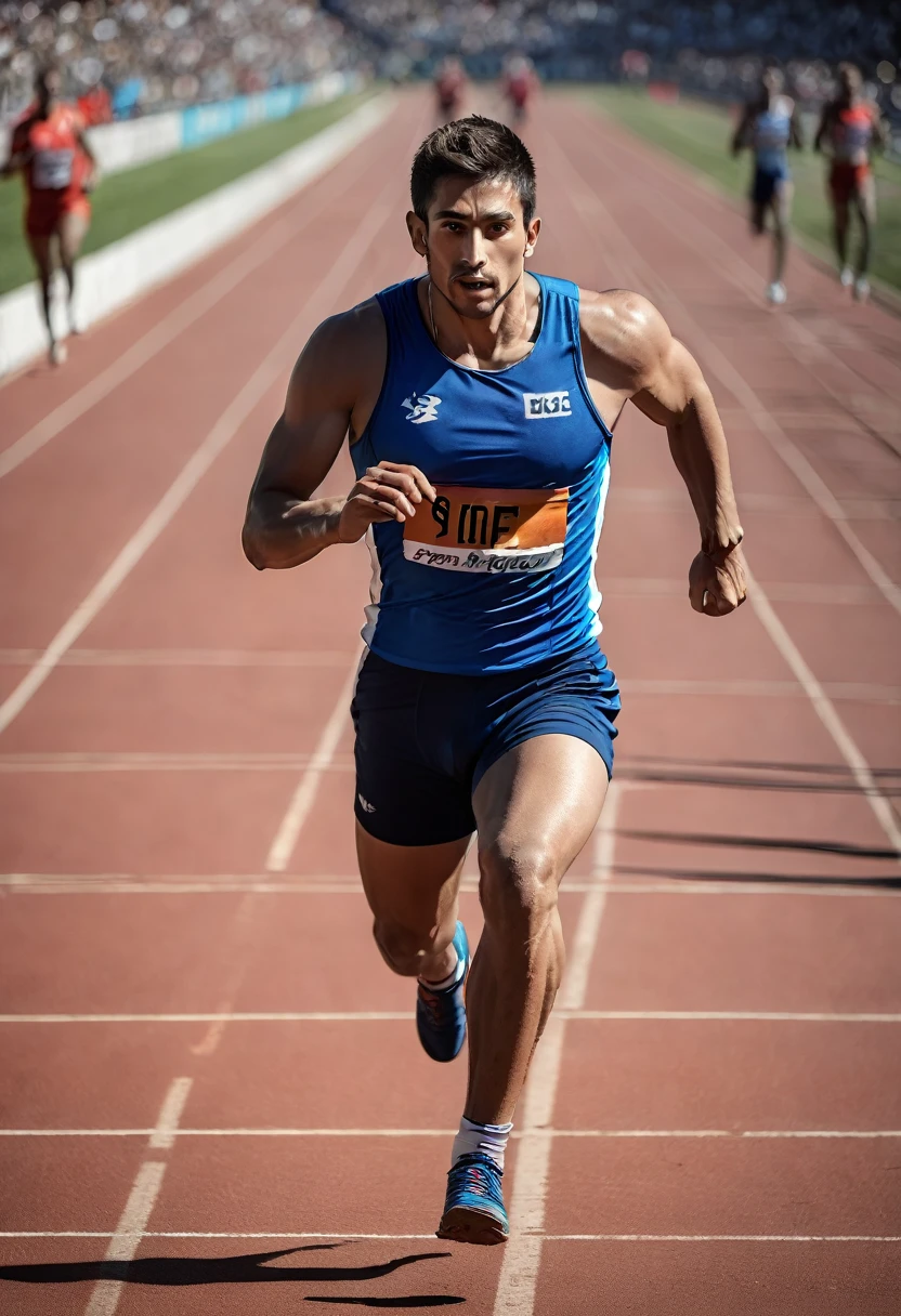 Un hombre preparandose para una carrera de atletismo, publico  , ropa deportiva, view from below y alejado, maximum detail, Play of light and shadows, ((perspiration detail)), (((professional photography capturing the best moment)))