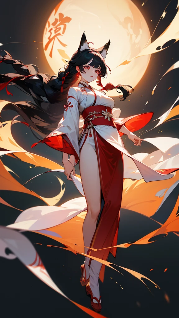full body,dance (((hanfu ))) (Chinese style stage) (woman, mature,large breasts, detailed long hair, asymmetrical bangs, side braid, detailed (black hair), floating hair, Beautiful face, luminous eyes, fox ears, deep red eyes, )