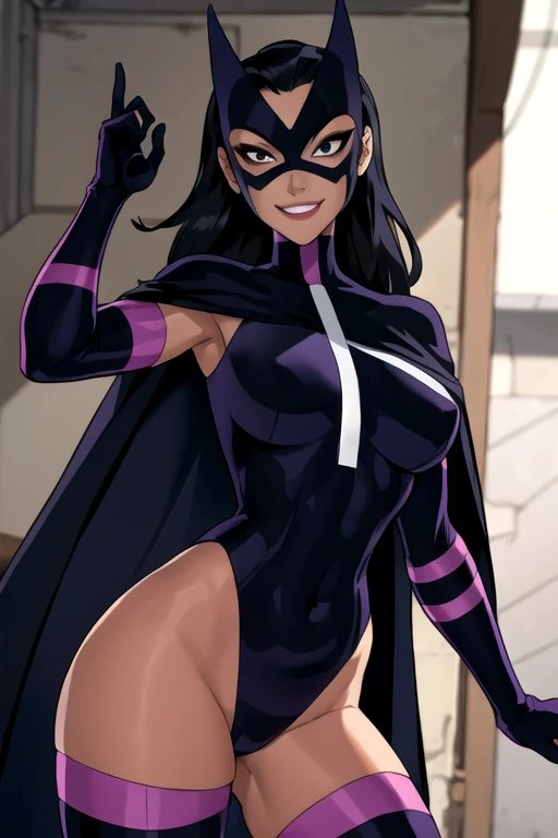 Huntress_JLU, cape, black hair, long hair, mask, leotard, navel, gloves, solo, smile