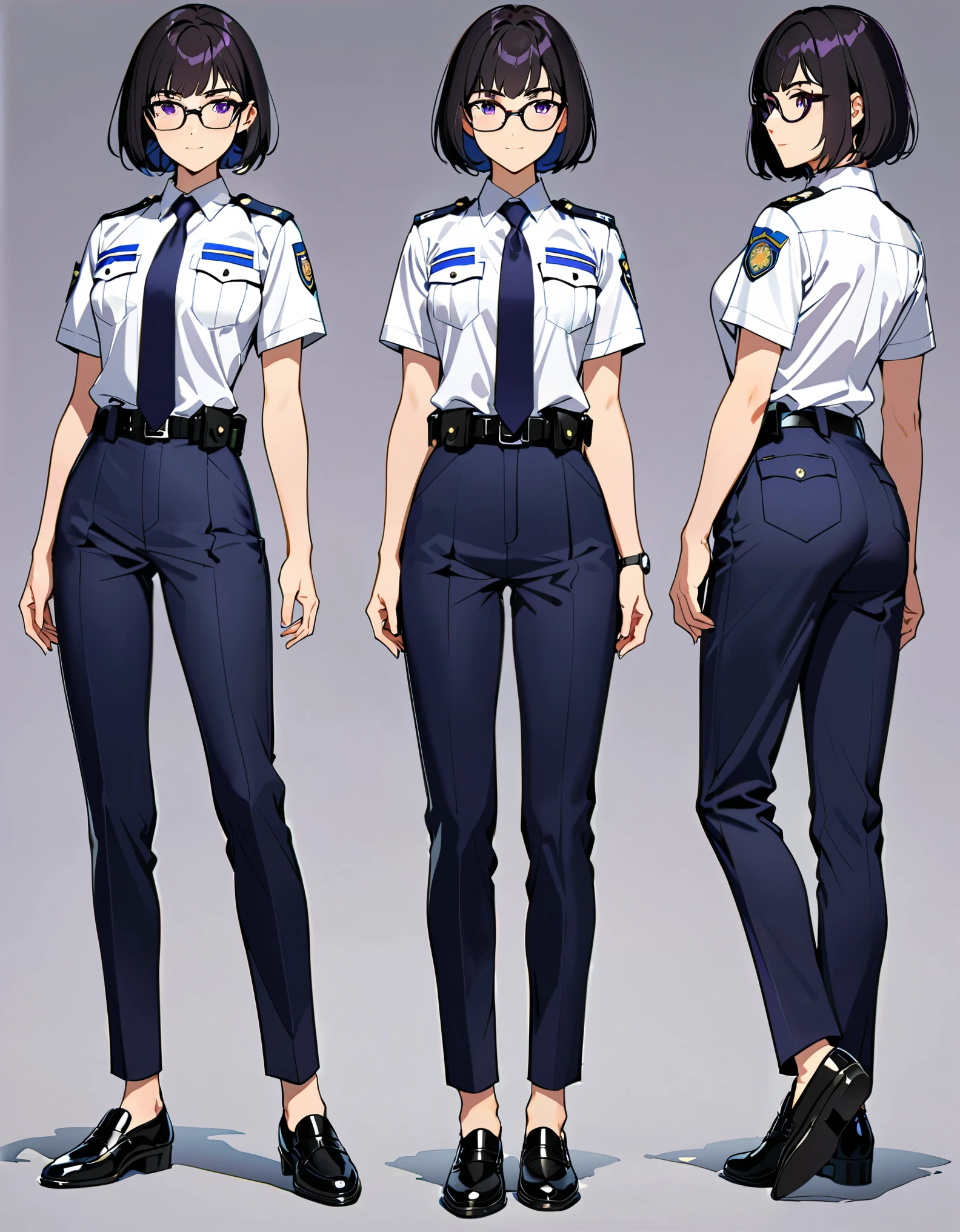 masterpiece, best quality, medium breasts, solo, (jet black hair, short hair, bob hair, purple eyes, bangs), (full body), solo, solo focus, standing, japanese police uniform, glasses, (white shirt), (black pants, tie), matching shoes, badge, (perfect hands, perfect anatomy), superhero, ((beautiful detailed eyes)).Simple background, Multiple Views, Character Sheet Full-Length.