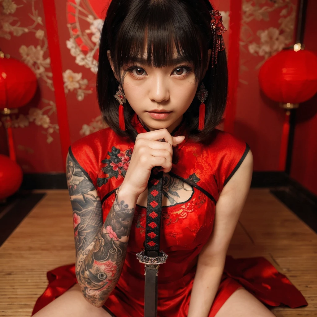 ((masterpiece))),(((best quality))),((super detailed)),((extremely delicate and beautiful)),(wide shot, wide-angle lens,Panoramic:1.2),super wide Angle,Low Angle shooting,super wide lens, xuer ai yazawa style girl,1girl,solo,tattoo,red background,red eye