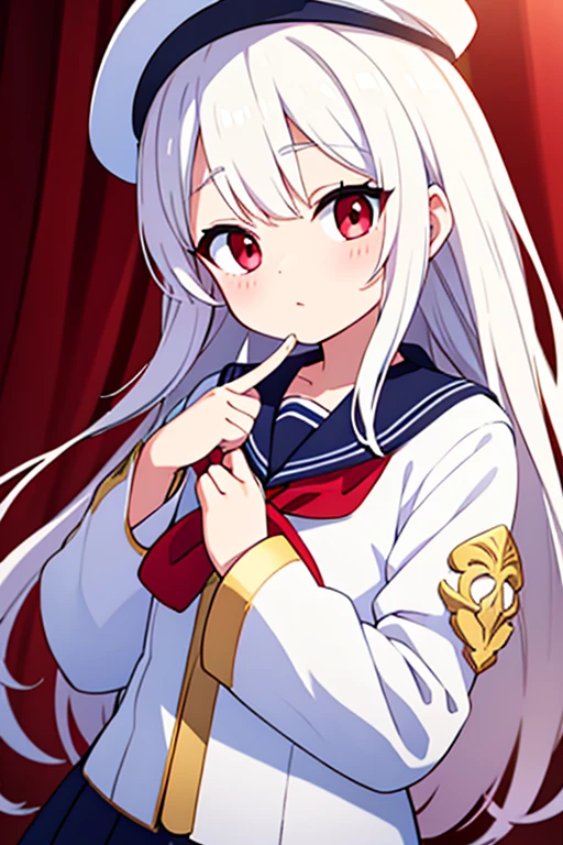White cap with gold decoration、Long white hair、Red Eyes、Sailor&#39;White uniform