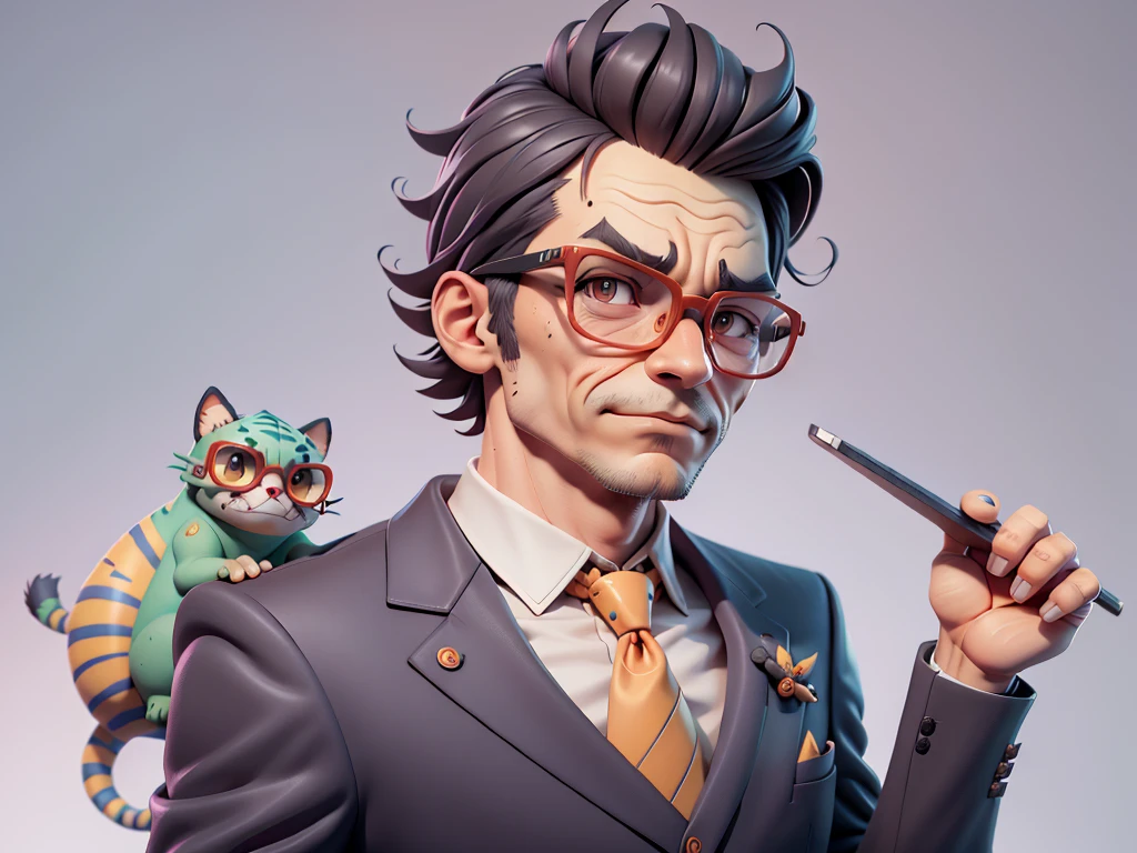 A young man in a suit, Short hair and glasses sat at his desk,holding laptop,digitial painting,tigre,3D character design by Mark Clairen and Pixar and Hayao Miyazaki and Akira Toriyama,4K HD illustration,Very detailed facial features and cartoon-style visuals。