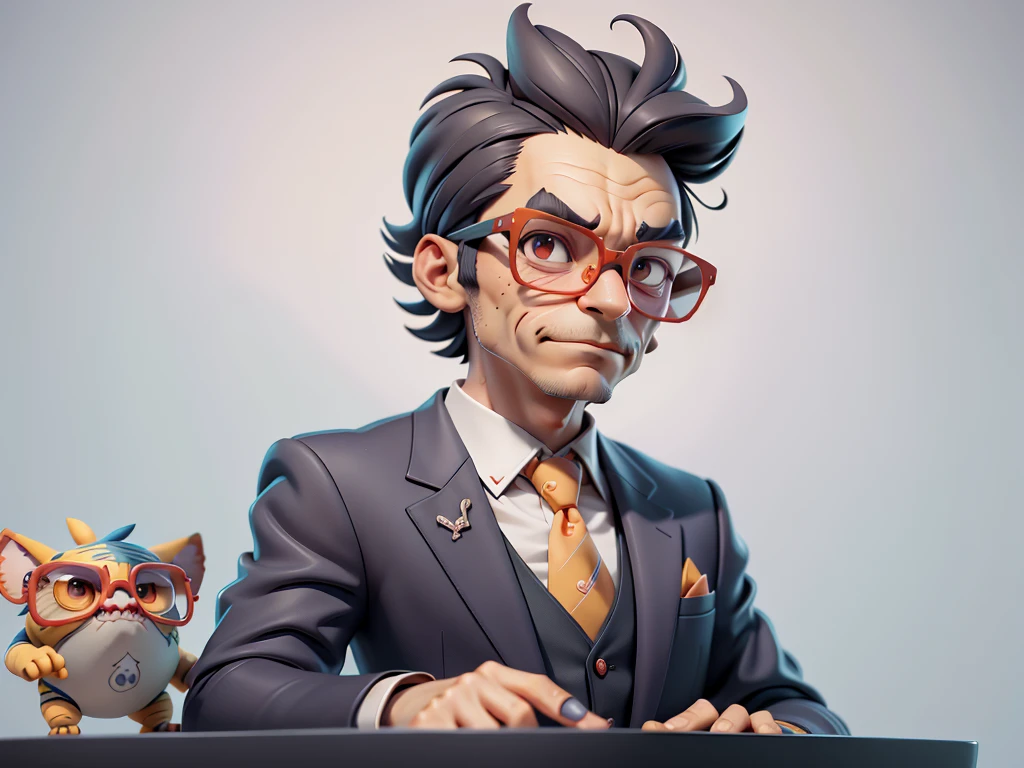 A young man in a suit, Short hair and glasses sat at his desk，holding laptop，digitial painting，tigre，3D character design by Mark Clairen and Pixar and Hayao Miyazaki and Akira Toriyama，4K HD illustration，Very detailed facial features and cartoon-style visuals。