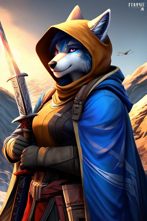 Furry, White & Blue Wolf, female, Fantasy, Destiny 2 the game, Destiny 2 Hunter, Cloak, Hood up, Sword,