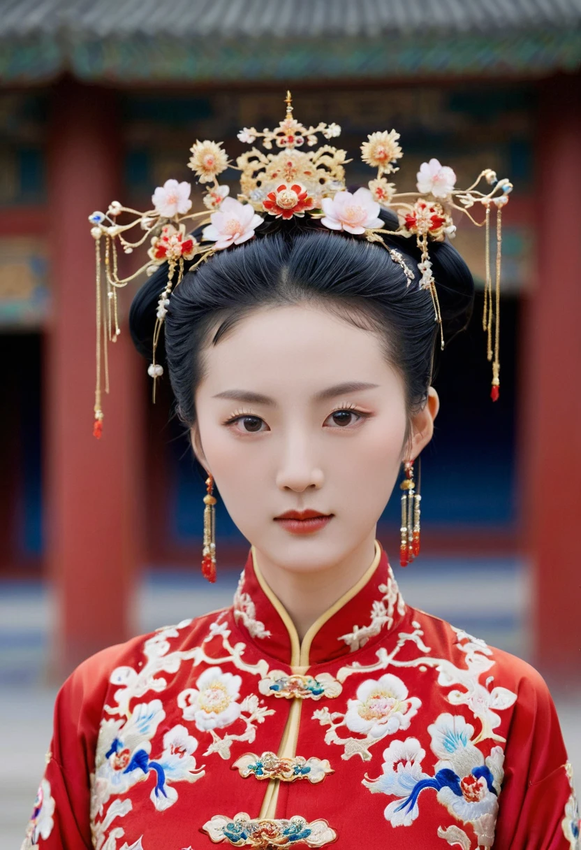 Full frontal view of 25 year old empress of the Qing Dynasty, hairy pussy with red Chinese dress floral embroidery on her shoulders, waistcoat removed, naked.
Large breasts with large nipples, nude. Qing dynasty woman in Chinese drama wearing crown of empress of Duji China, hair parted left and right from center of forehead, tied back, hair tied up with ornamental hair, outside background of Qing dynasty Chinese palace.