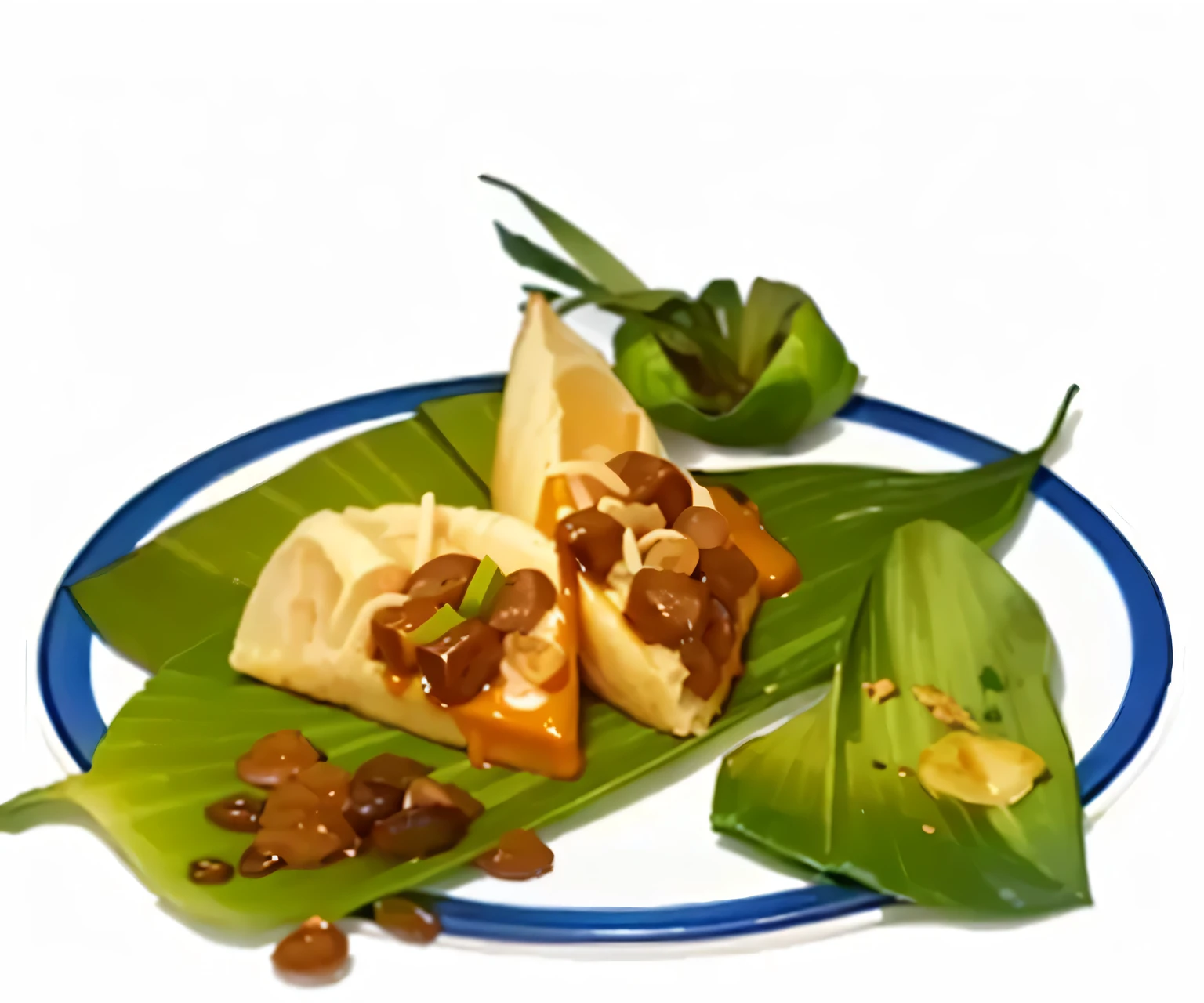 Close up of a plate of food and a banana leaf, 2k, two, silk, image, recipe, cover, Bao Nan, Thumbnail, ❤🔥🍄🌪, avatar image, icon, caramel, tasty, 000, 0 0 0, 5 d, 5D, Medium Polyester, 3 pm, 20 thousand
