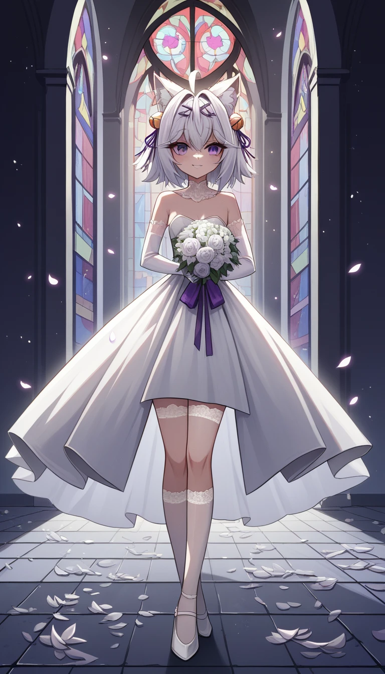 UHD, masterpiece, best quality, ((night)), cloudy, moonlight, soft light, church, altar, 1girl, solo, Filian, fox tail, small cat ears, white hair, short hair, ahoge, hairclip, hair bell, waist length pony tail, deep violet eyes, blush, happy smile, a-line wedding dress, white veil, white lace arm sleeves, white gloves, white lace stockings, white high heals, slim arms, slim legs, Eye-Level Shot, holding bridal bouquet with purple ribbon, ((hidden hand)), front view, full body pose, cross legs, innocent pose, scattered flower petals, ((petals falling)